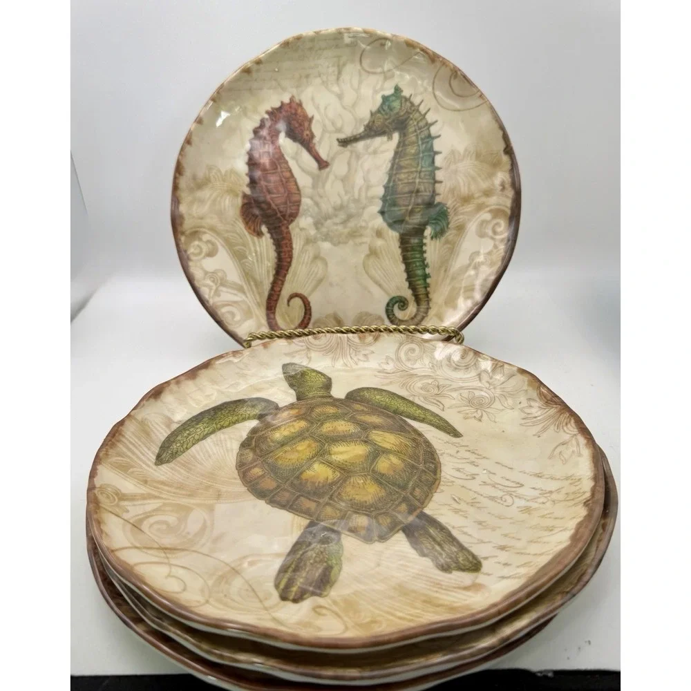 208 Park Melamine Sea Life Salad‎ Plates Set 4 Turtle Seahorse